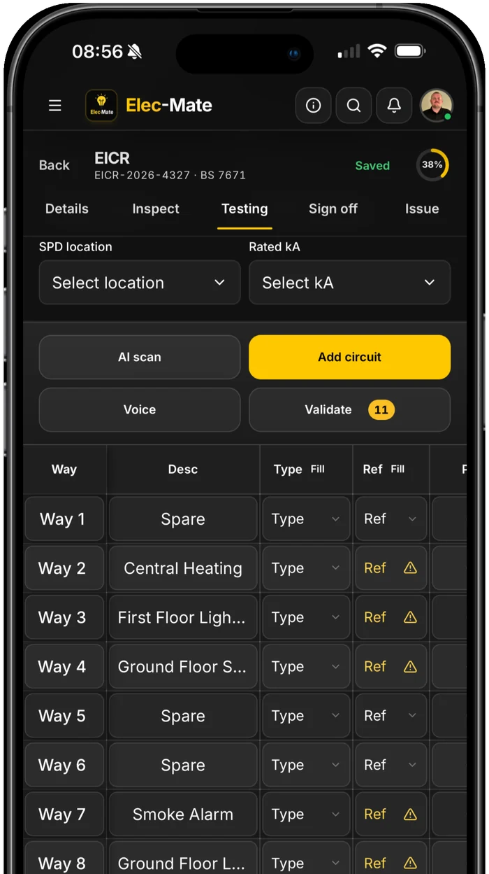 An EICR schedule of tests in Elec-Mate, filled in circuit by circuit on a phone