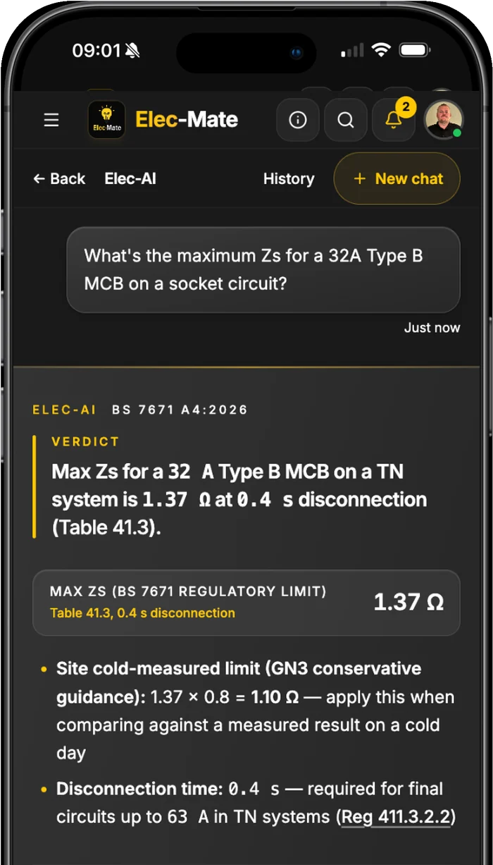 Elec-AI answering a BS 7671 question with the regulation cited
